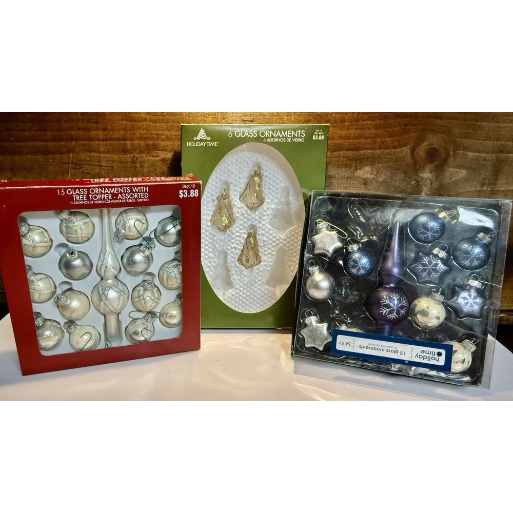 Glass Christmas Ornaments Lot of 3 Boxes Blue Silver Gold Vintage Holiday Time